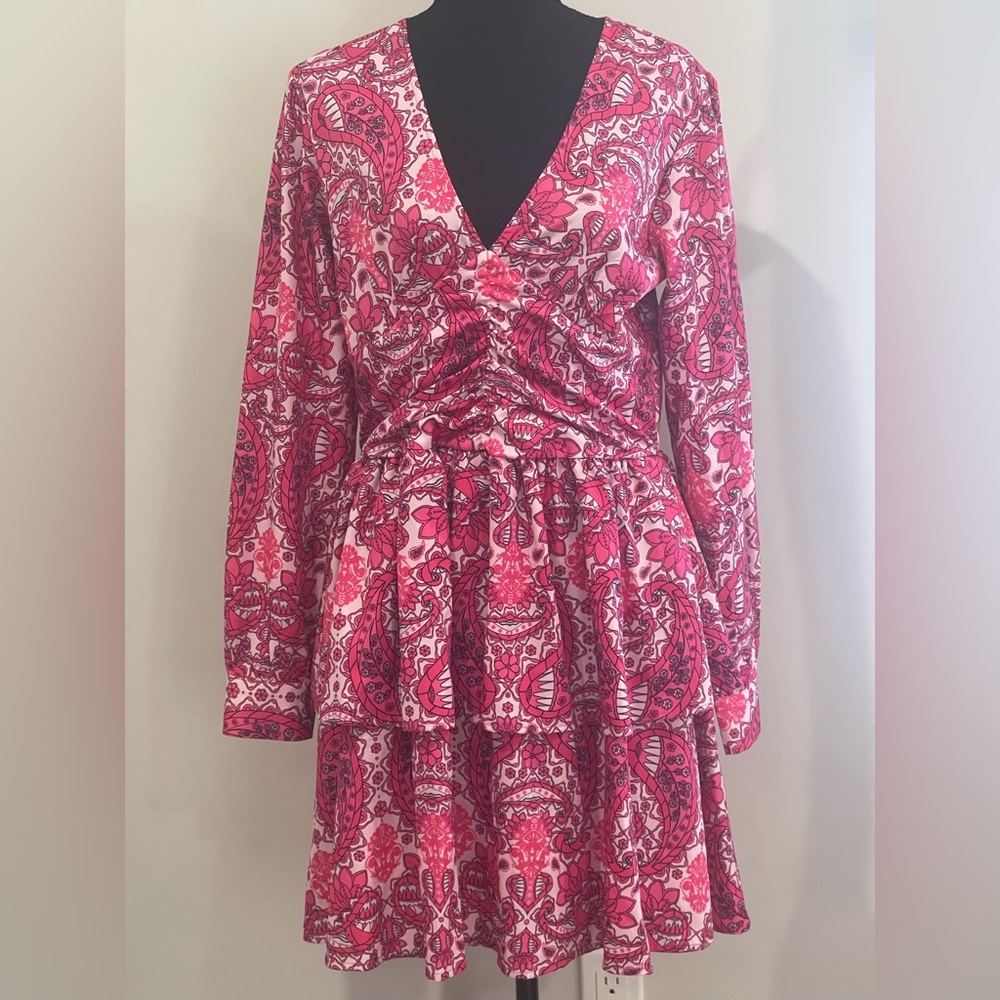Sunday Up M Pink Paisley Women's Zipper Back Ruffle Mini‎ Dress 587